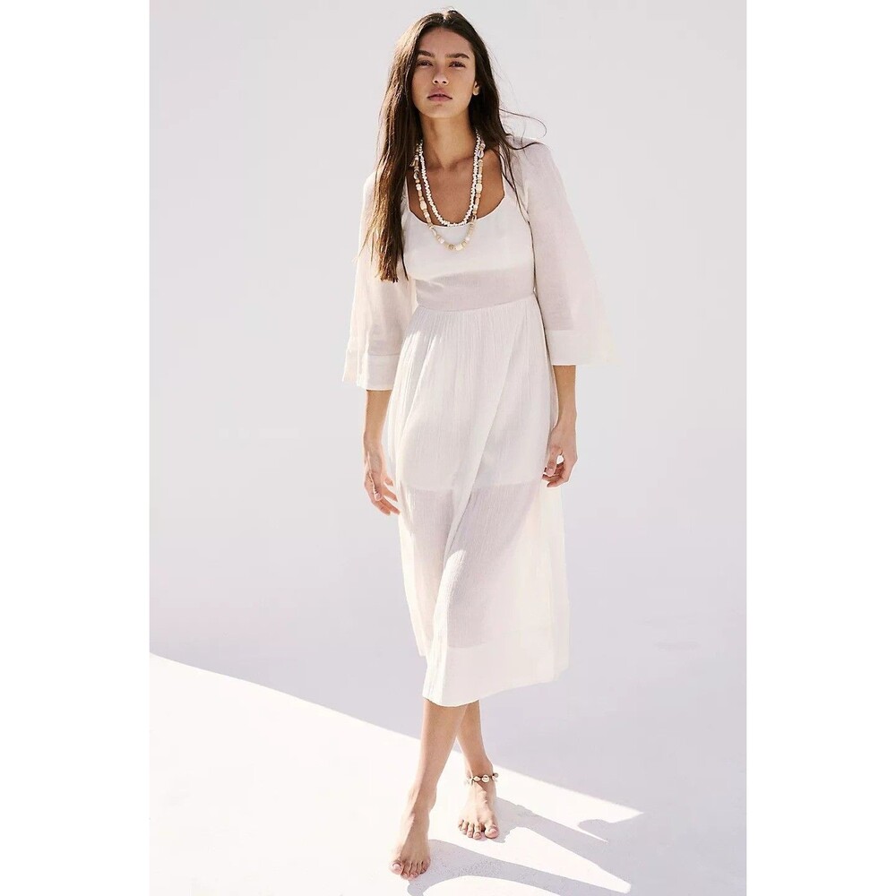 Free People Free-Est Kelsie Midi Dress Sheer White Cotton Billowy S NEW 281224